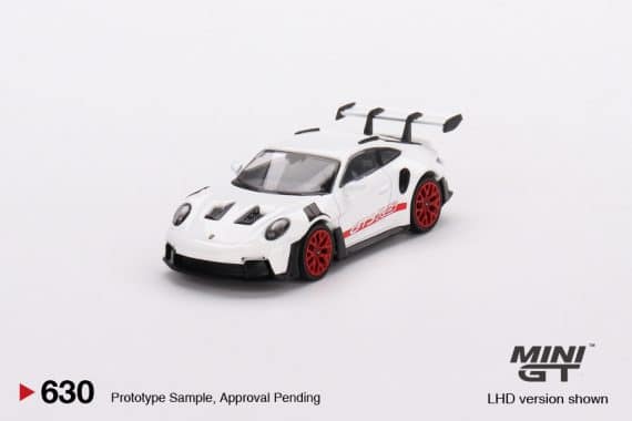 MINI GT No.630 Porsche 911 (992) GT3 RS White with Pyro Red Accent Package RHD MGT00630